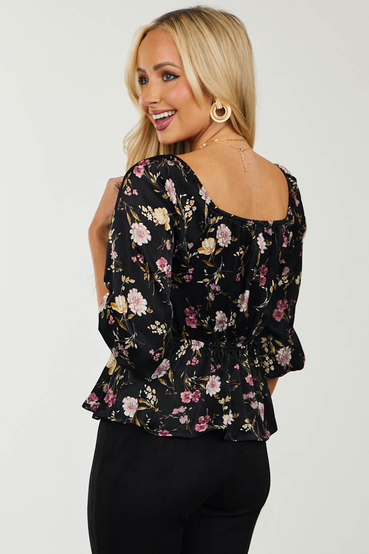 Black Floral Print Babydoll Satin Blouse