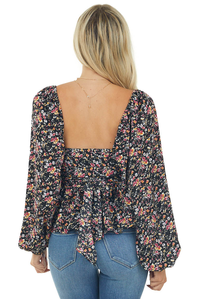 Black Floral Print Bubble Sleeve Peplum Blouse