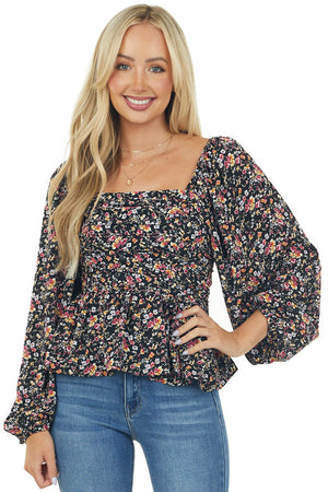 Black Floral Print Bubble Sleeve Peplum Blouse