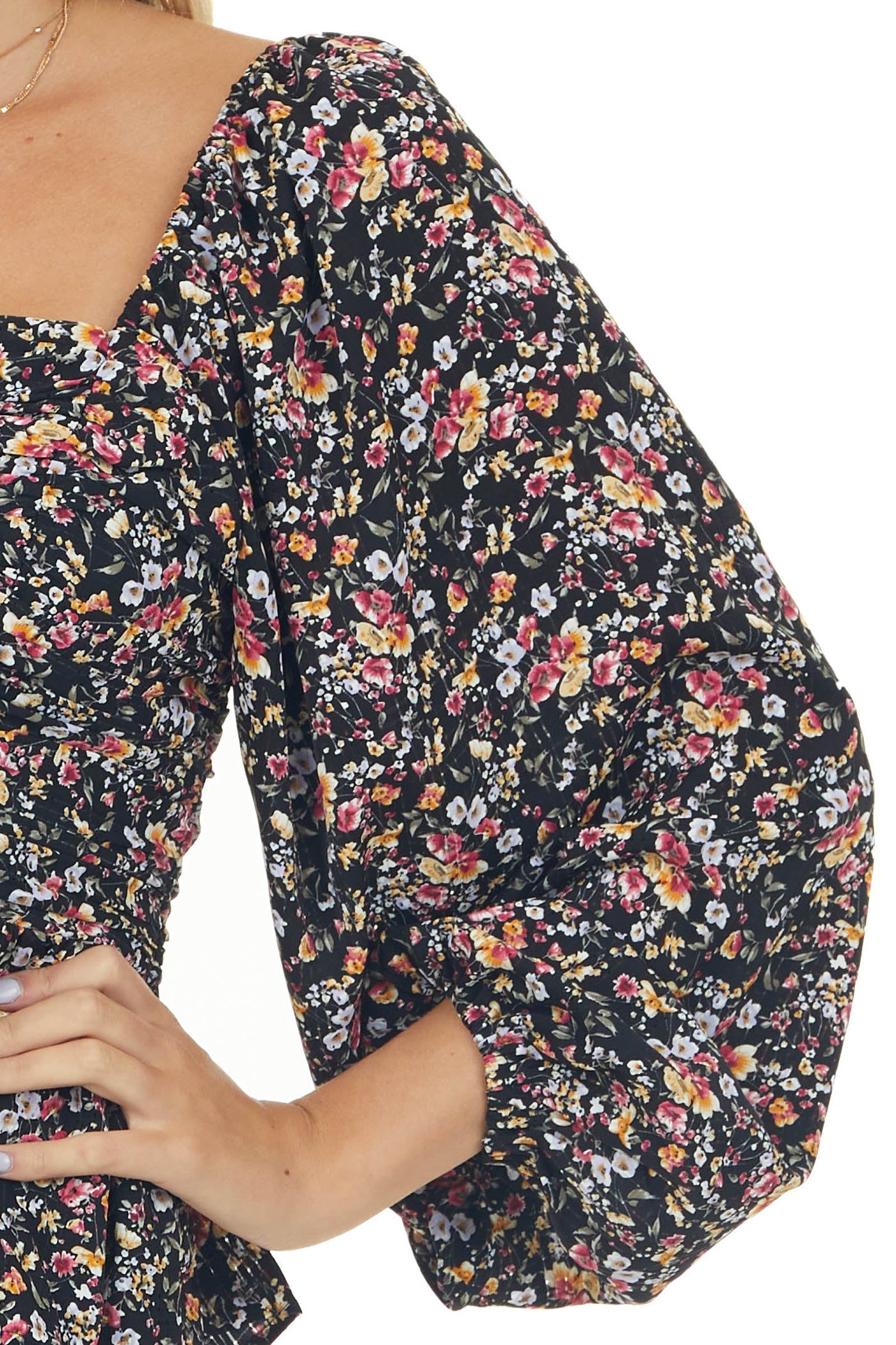 Black Floral Print Bubble Sleeve Peplum Blouse