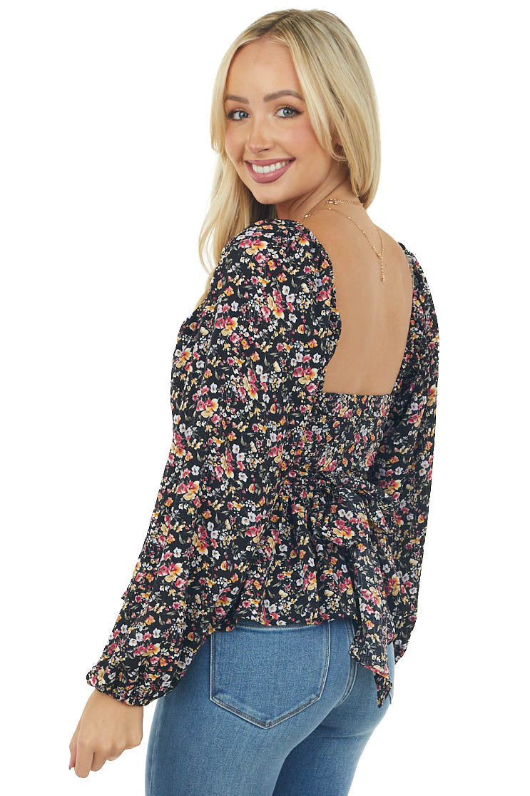 Black Floral Print Bubble Sleeve Peplum Blouse