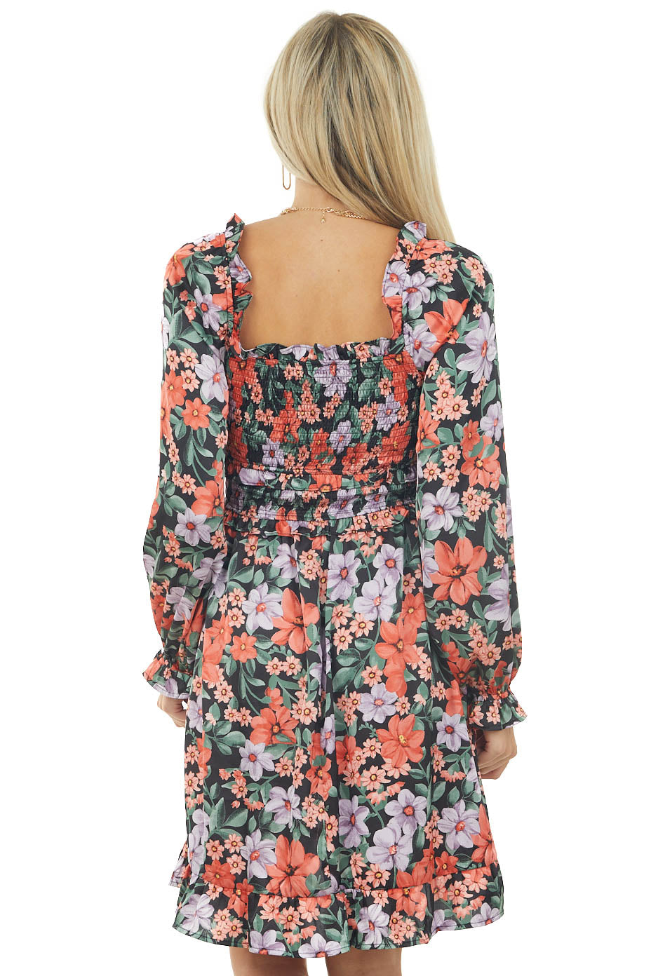 Black Floral Print Bubble Sleeve Satin Short Dress