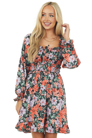 Black Floral Print Bubble Sleeve Satin Short Dress