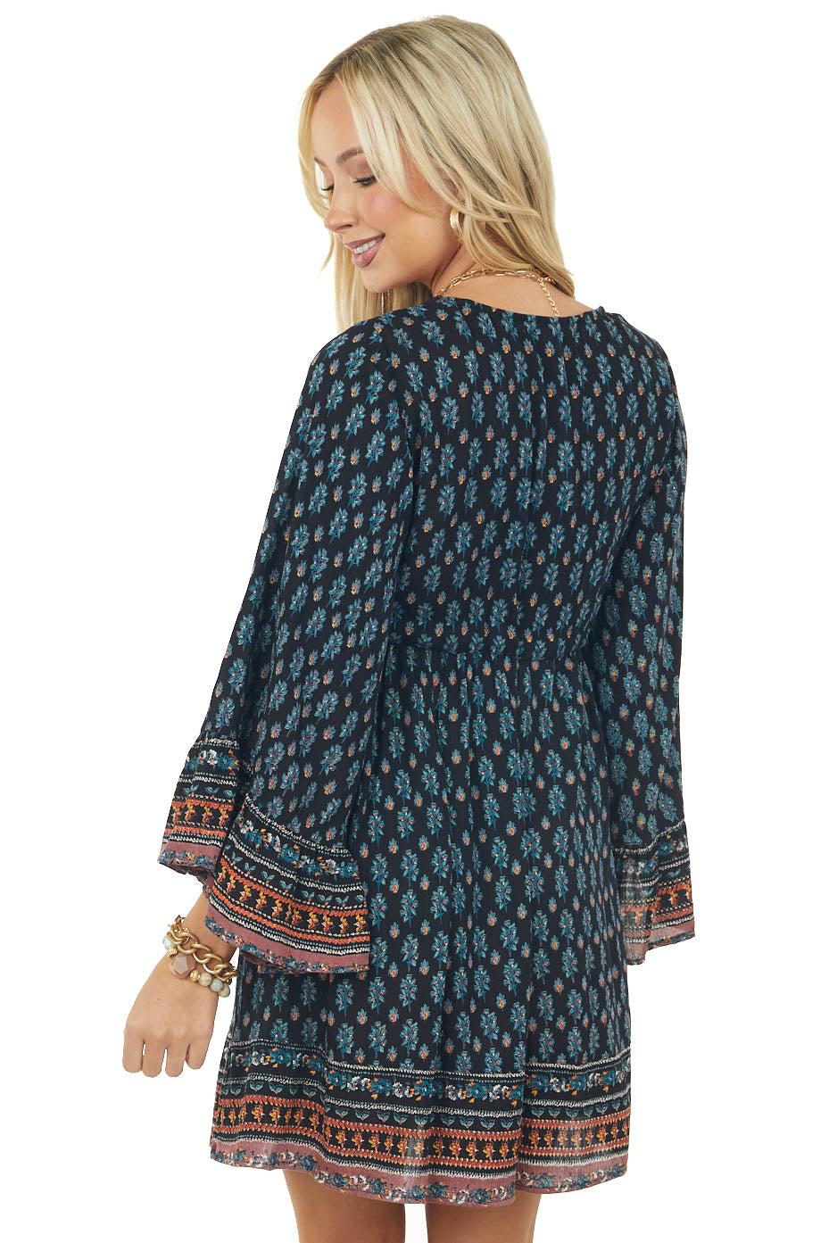 Black Floral Print Drawstring Waist Woven Short Dress