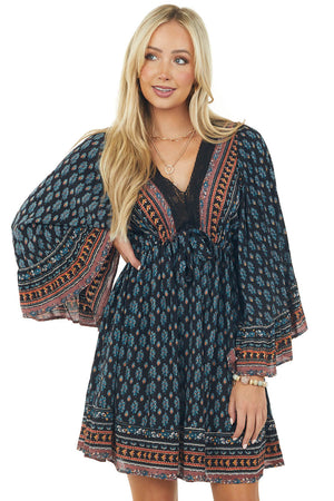 Black Floral Print Drawstring Waist Woven Short Dress