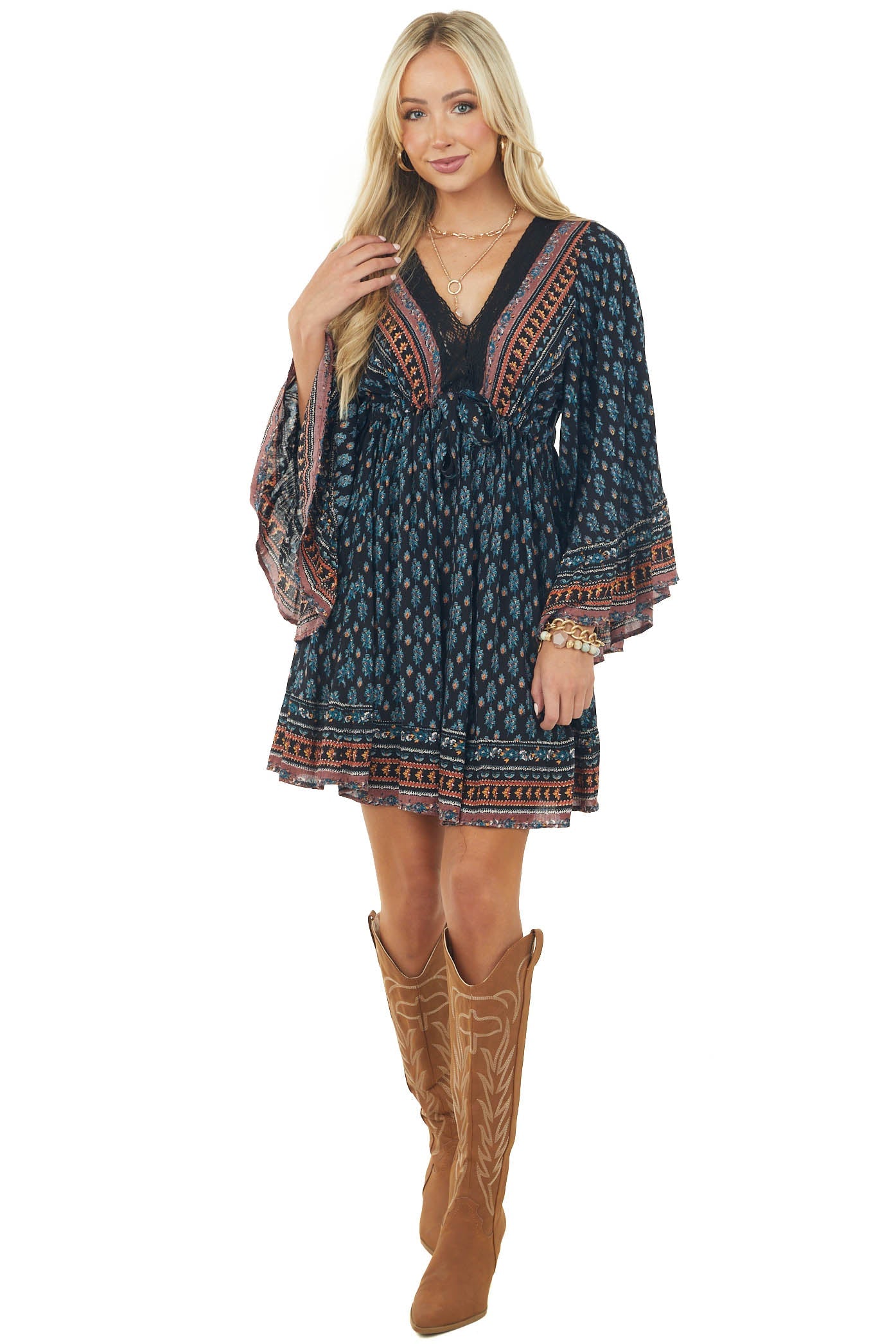 Black Floral Print Drawstring Waist Woven Short Dress