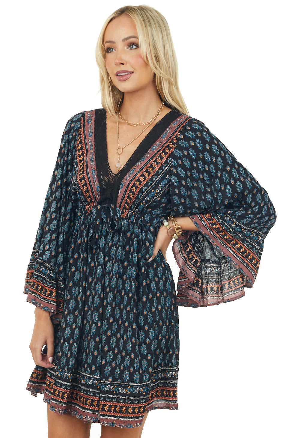 Black Floral Print Drawstring Waist Woven Short Dress