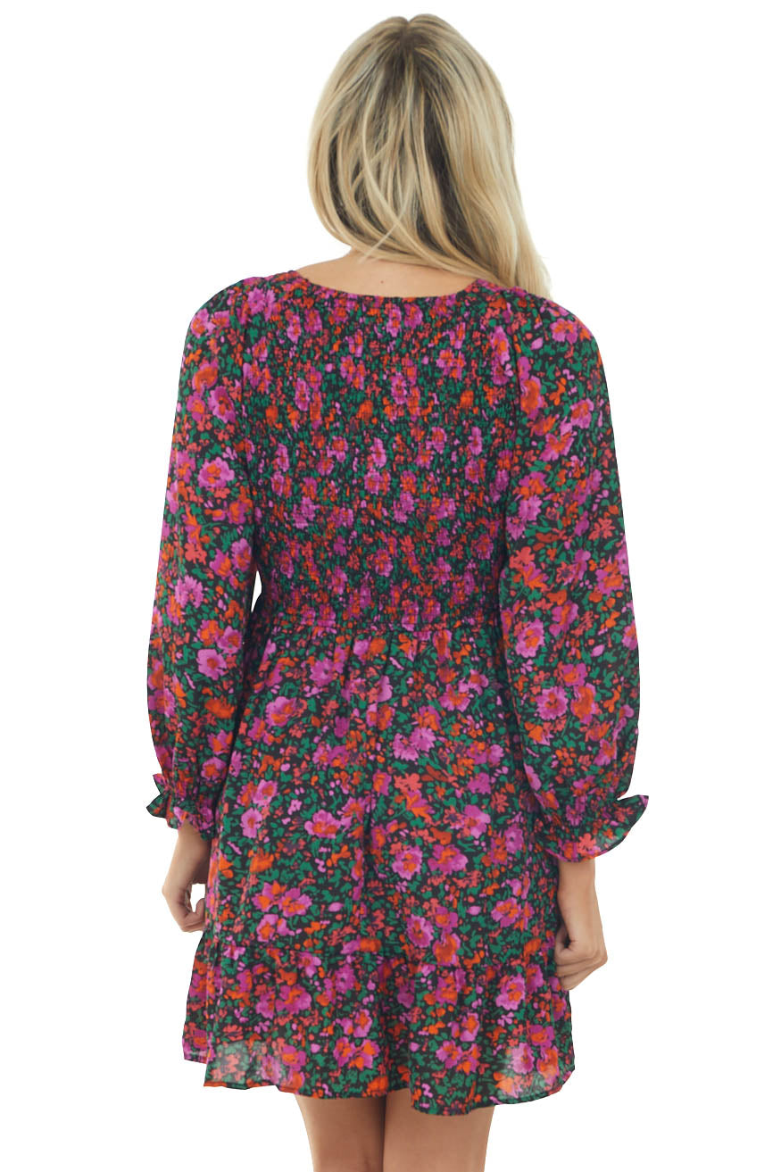 Black Floral Print Long Sleeve Short Dress