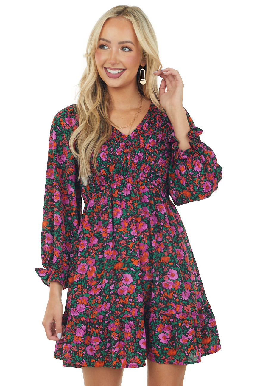 Black Floral Print Long Sleeve Short Dress