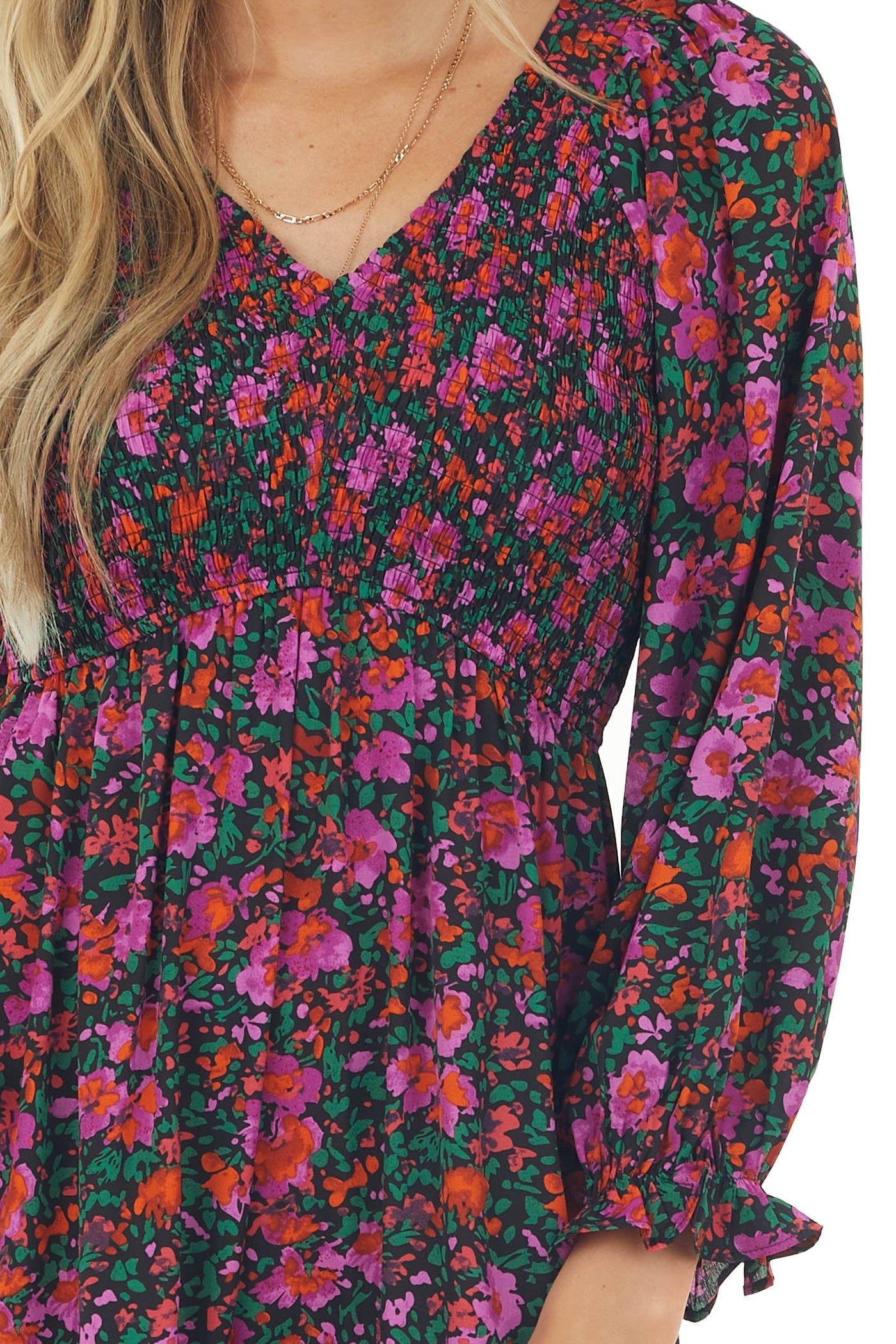 Black Floral Print Long Sleeve Short Dress