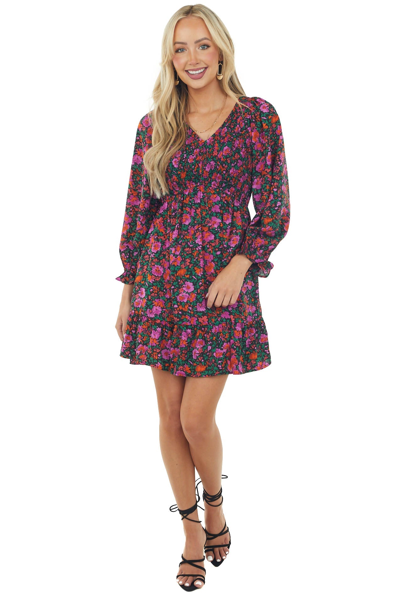 Black Floral Print Long Sleeve Short Dress