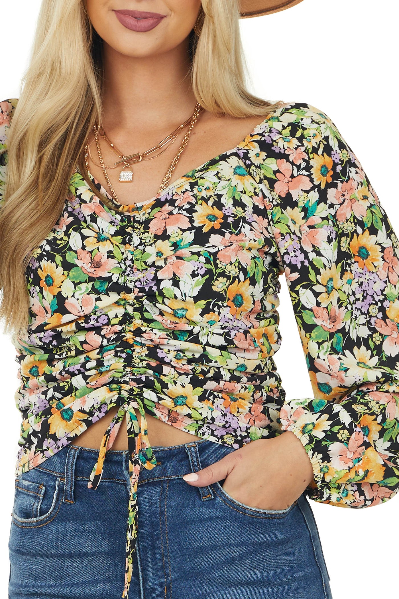 Black Floral Print Ruched Front Cropped Blouse