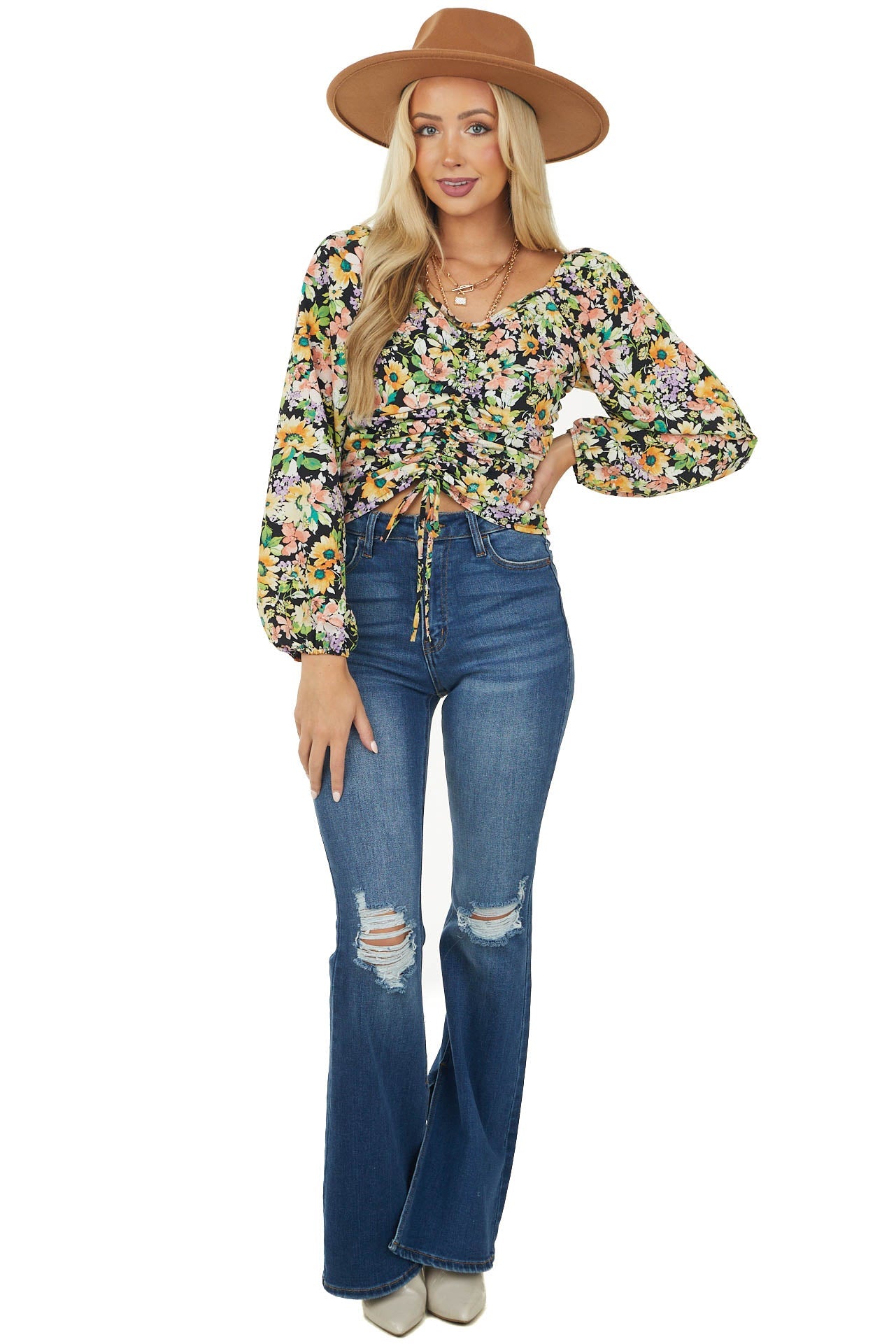 Black Floral Print Ruched Front Cropped Blouse