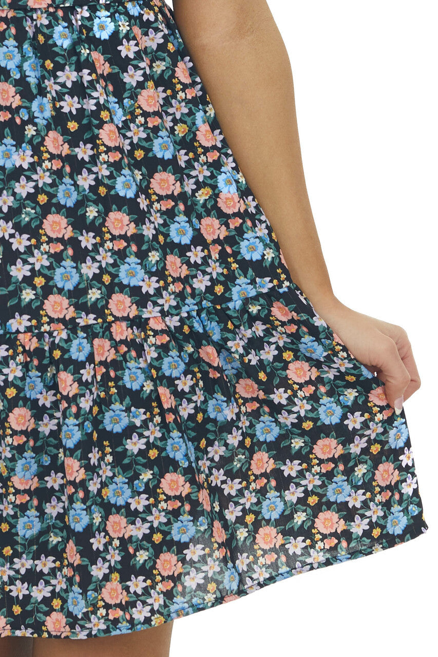 Black Floral Print Sleeveless Short Dress