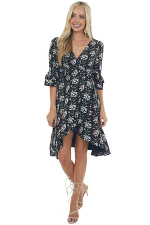 Black Floral Print Woven High Low Wrap Dress
