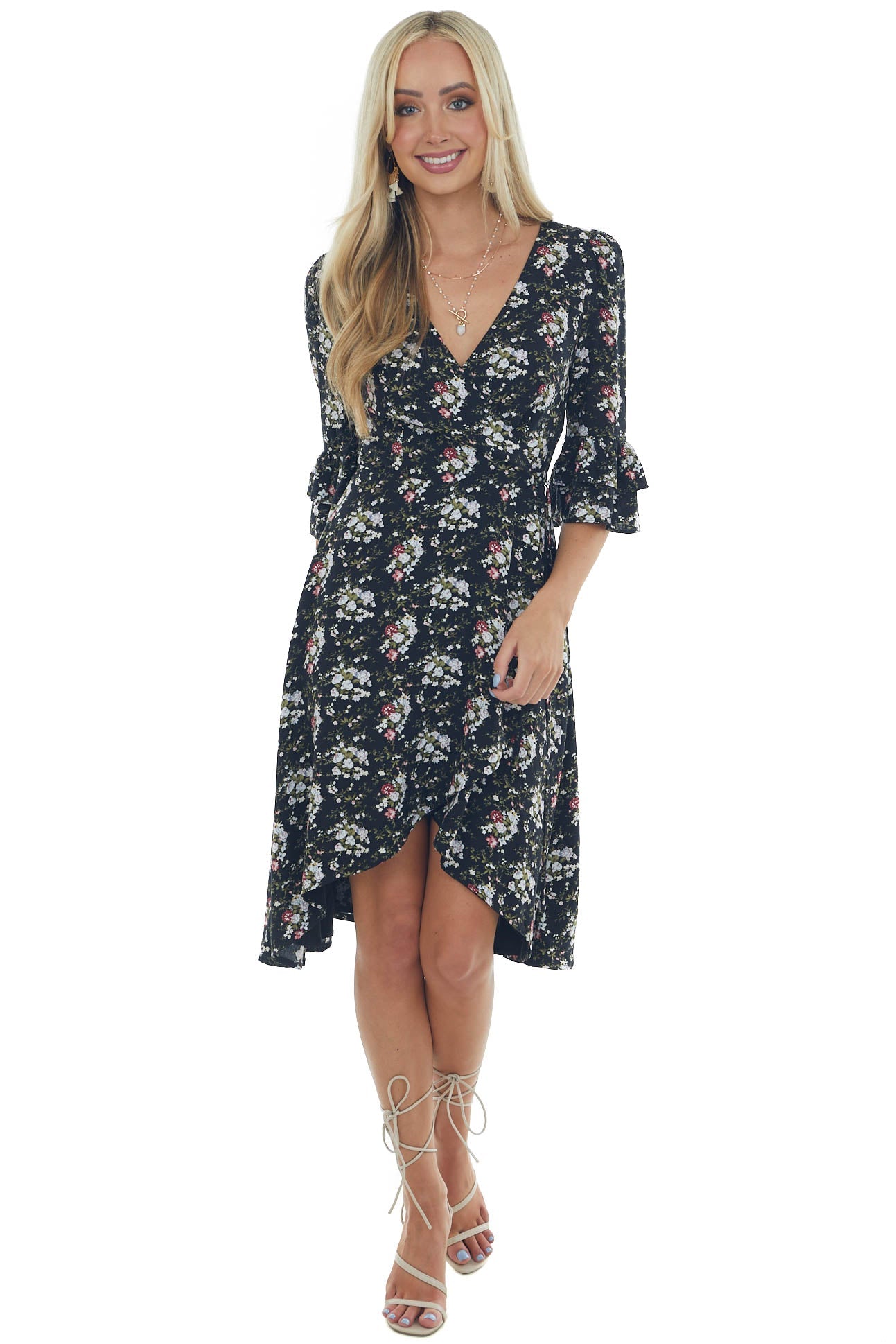 Black Floral Print Woven High Low Wrap Dress