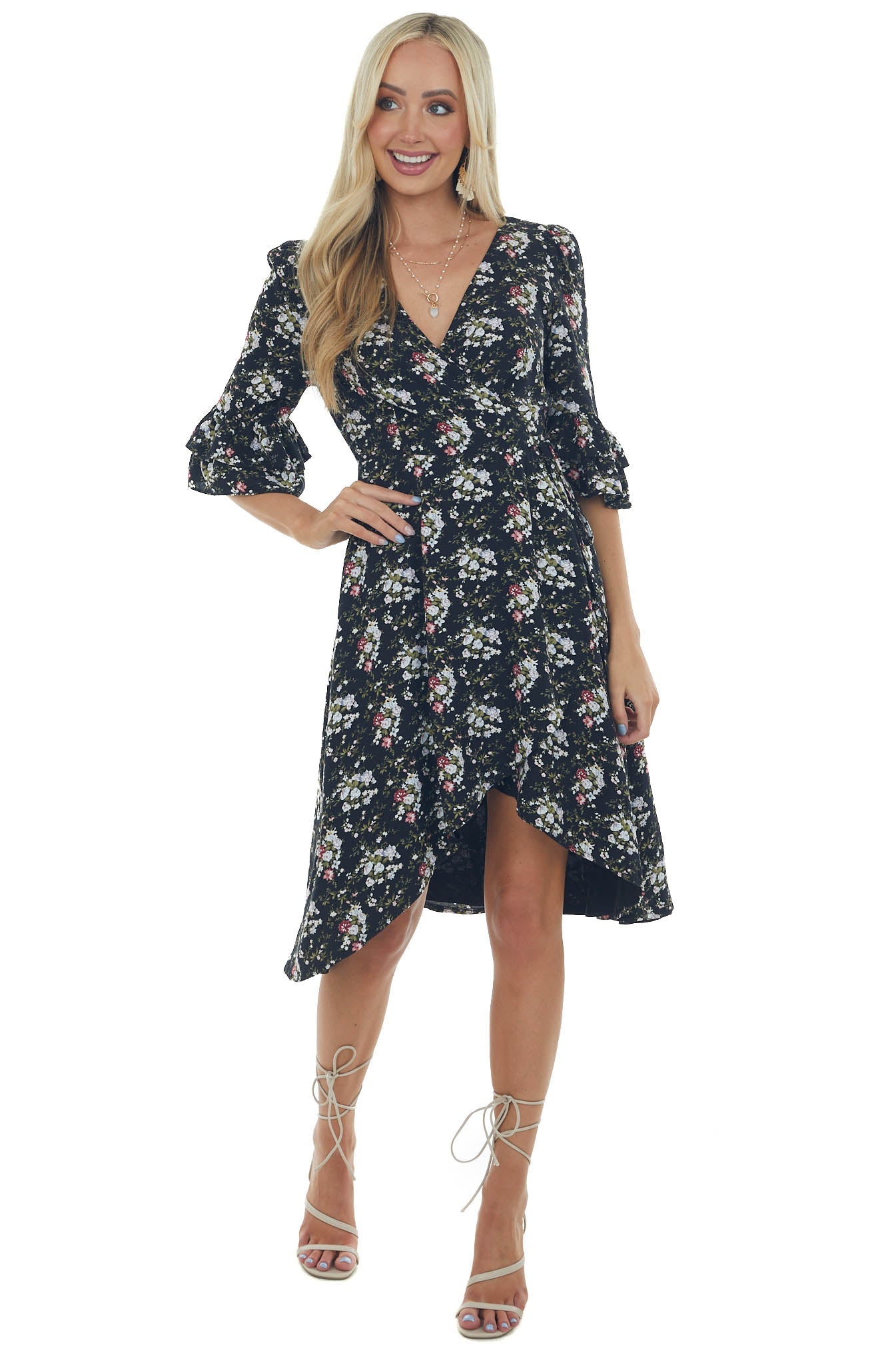 Black Floral Print Woven High Low Wrap Dress