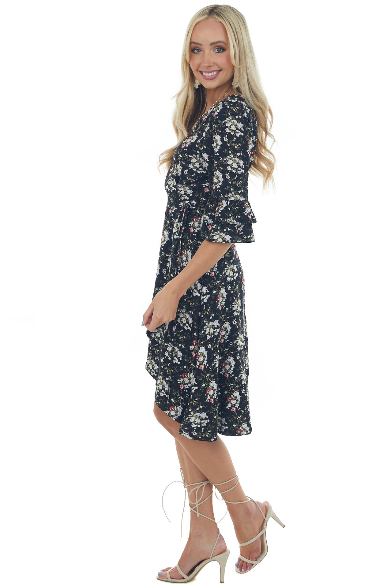 Black Floral Print Woven High Low Wrap Dress
