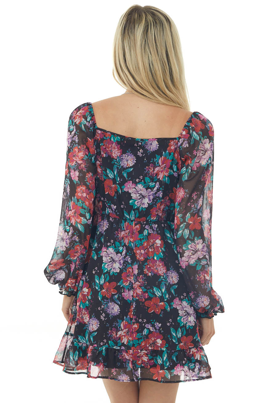 Black Floral Printed Long Sleeve Short Dress