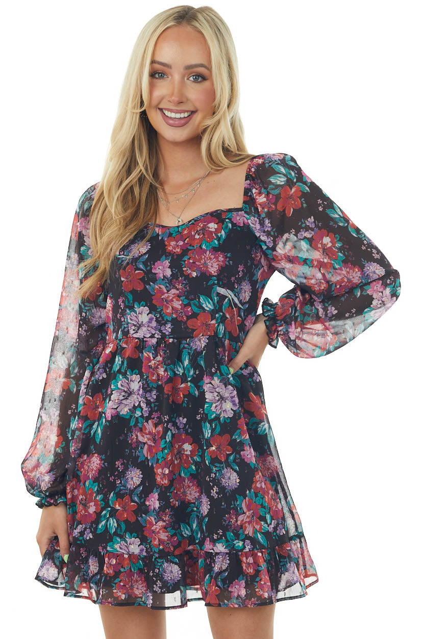 Black Floral Printed Long Sleeve Short Dress