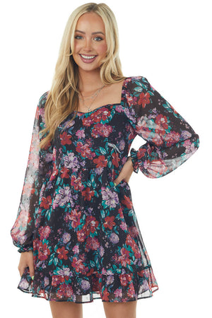 Black Floral Printed Long Sleeve Short Dress