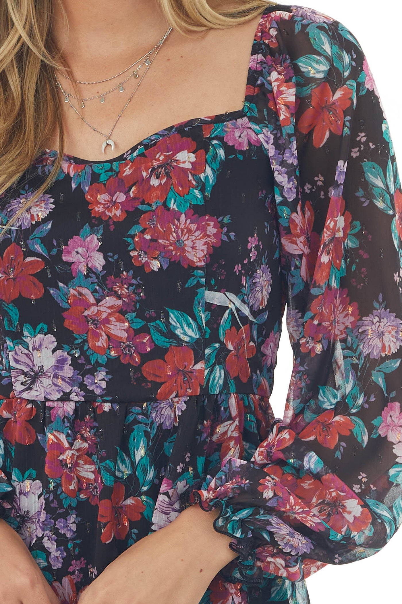 Black Floral Printed Long Sleeve Short Dress