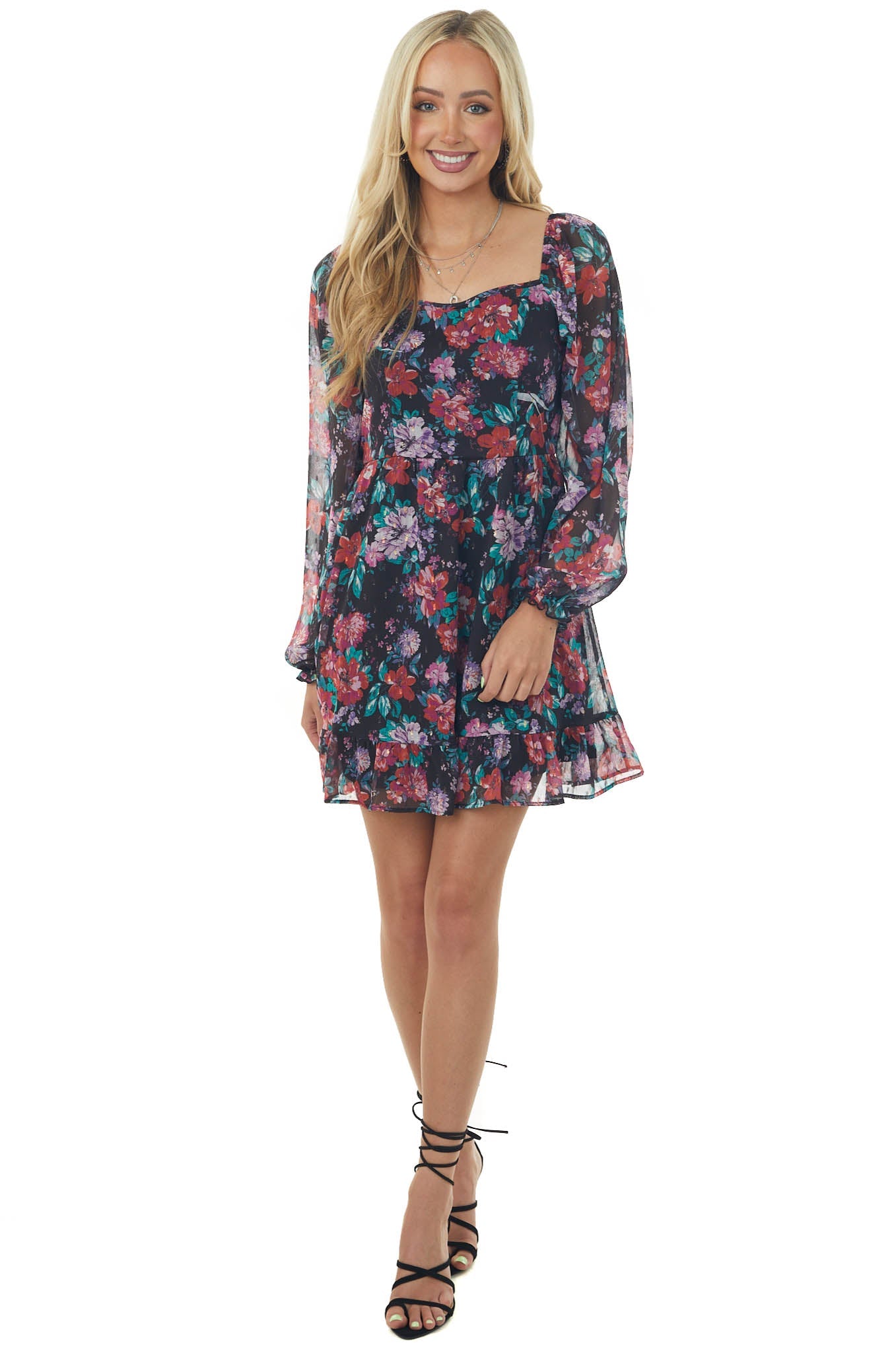 Black Floral Printed Long Sleeve Short Dress