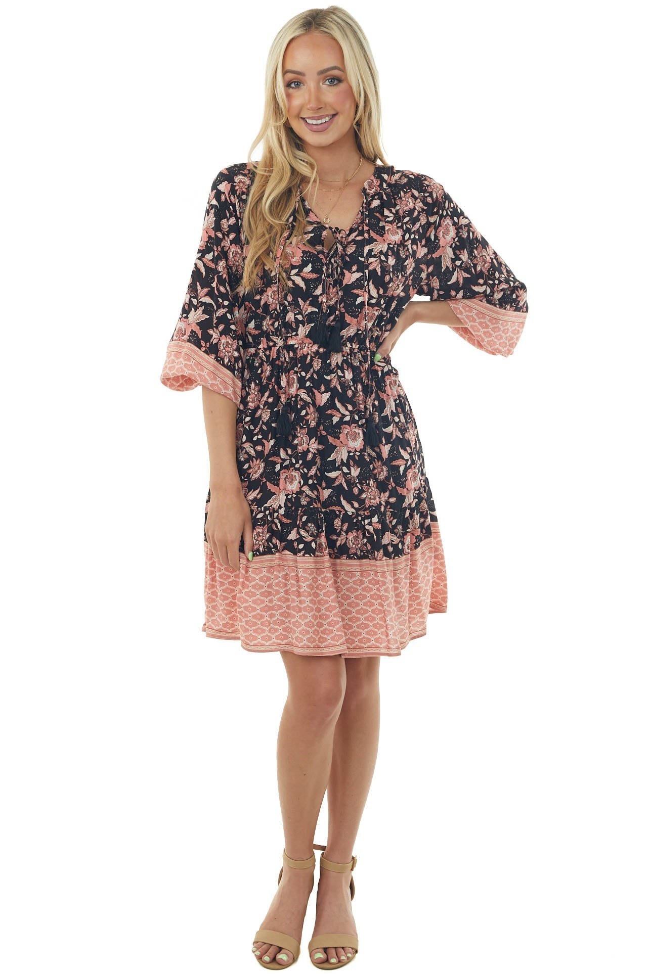 Black Floral Puff Sleeve Short Dress