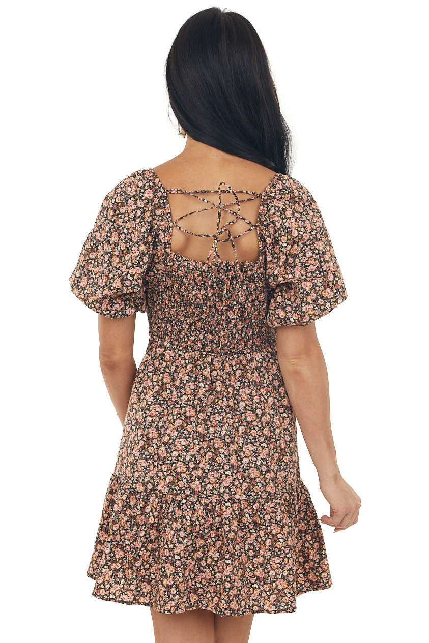 Black Floral Puff Sleeve Square Neck Mini Dress