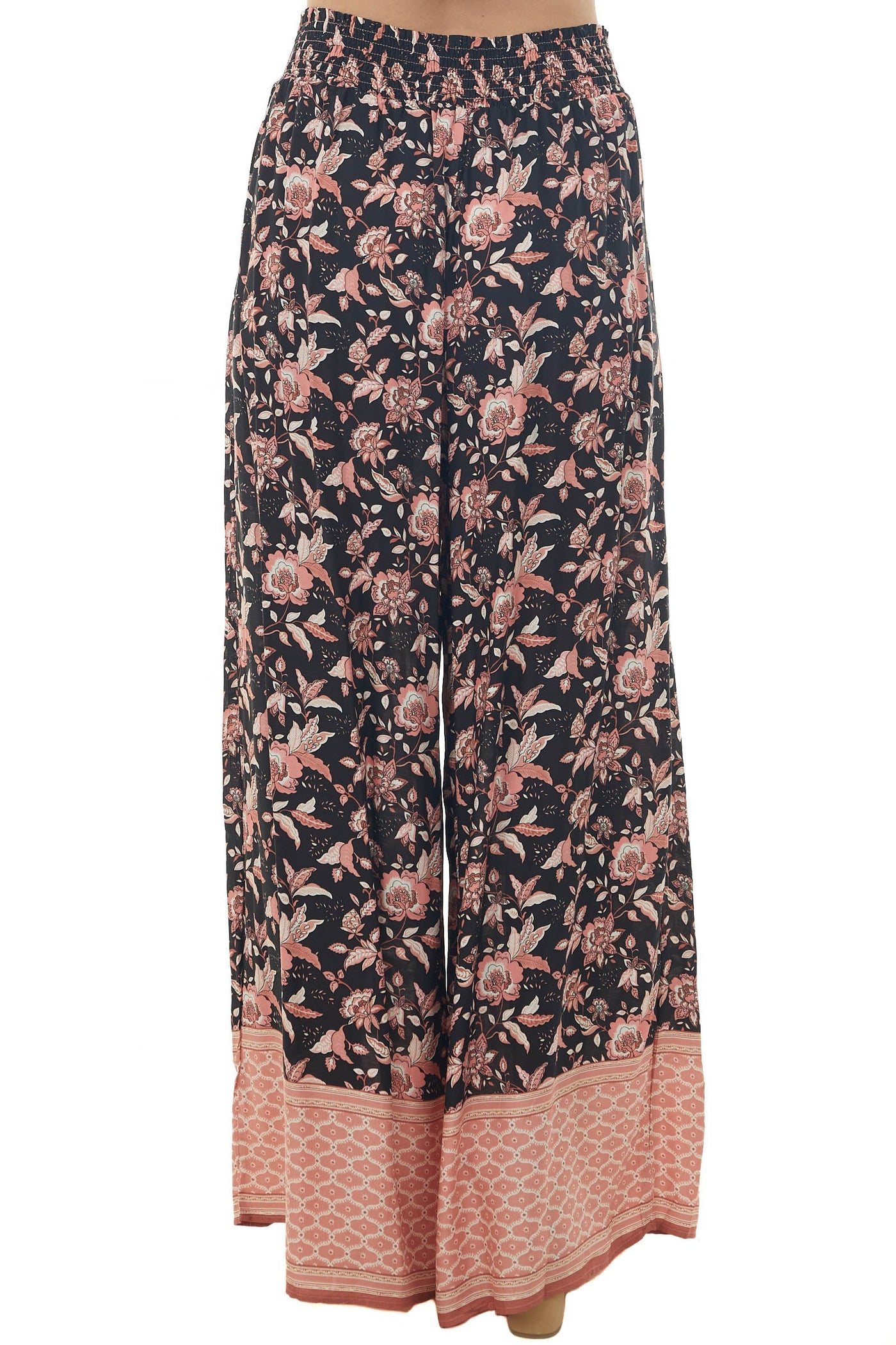 Black Floral Smocked Waist Flowy Leg Pants