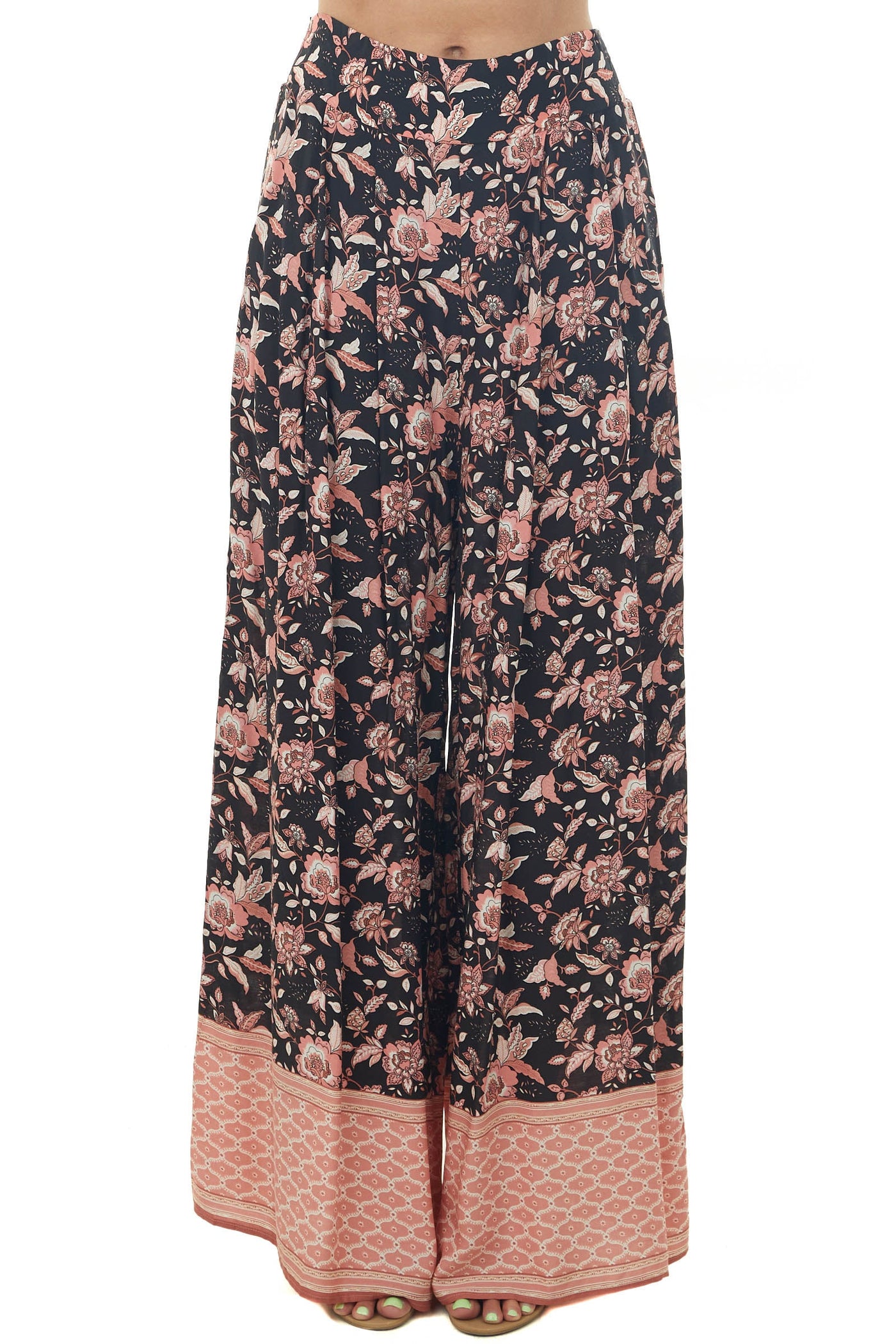 Black Floral Smocked Waist Flowy Leg Pants