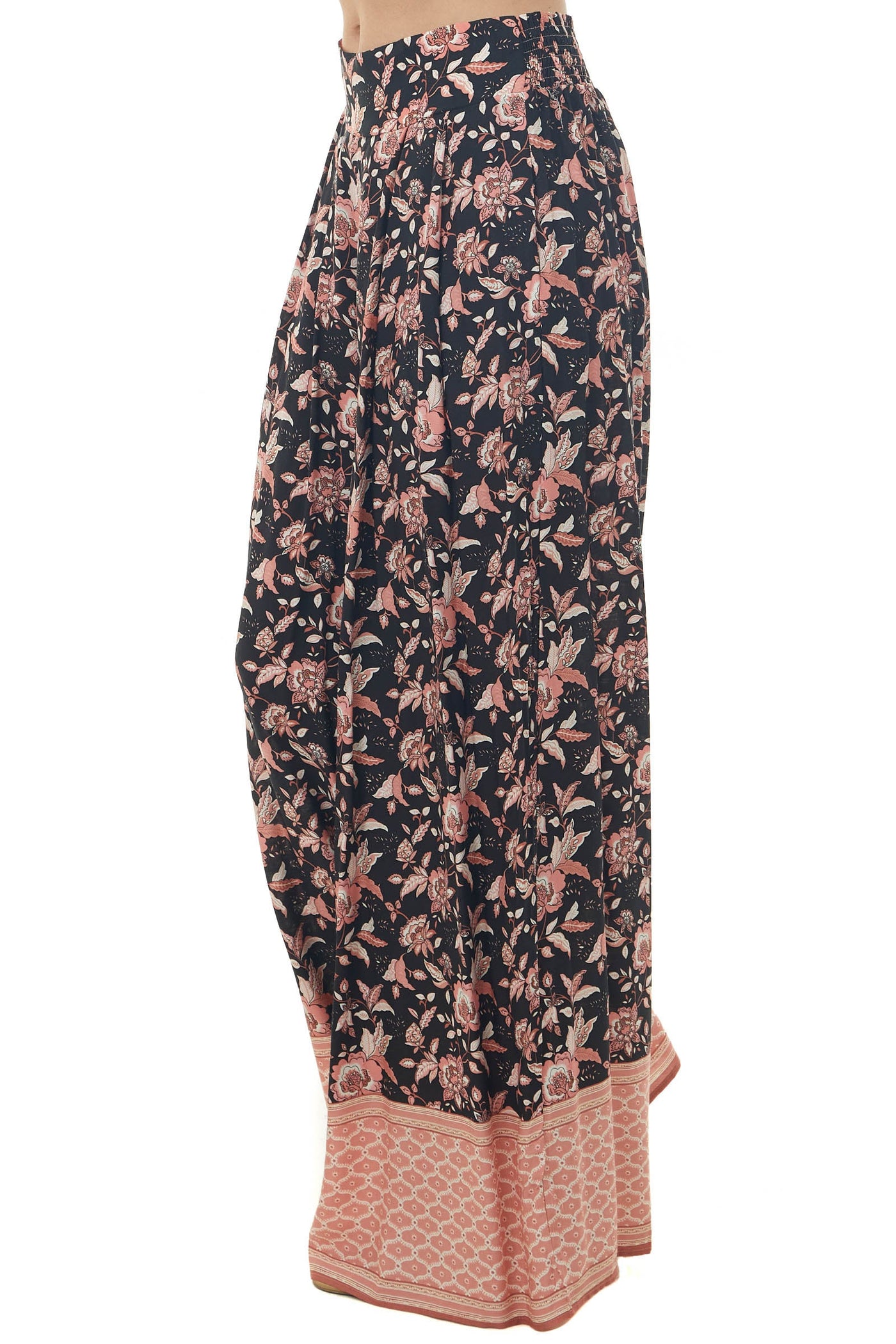 Black Floral Smocked Waist Flowy Leg Pants