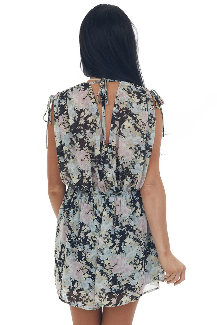 Black Floral Surplice Open Tie Back Romper