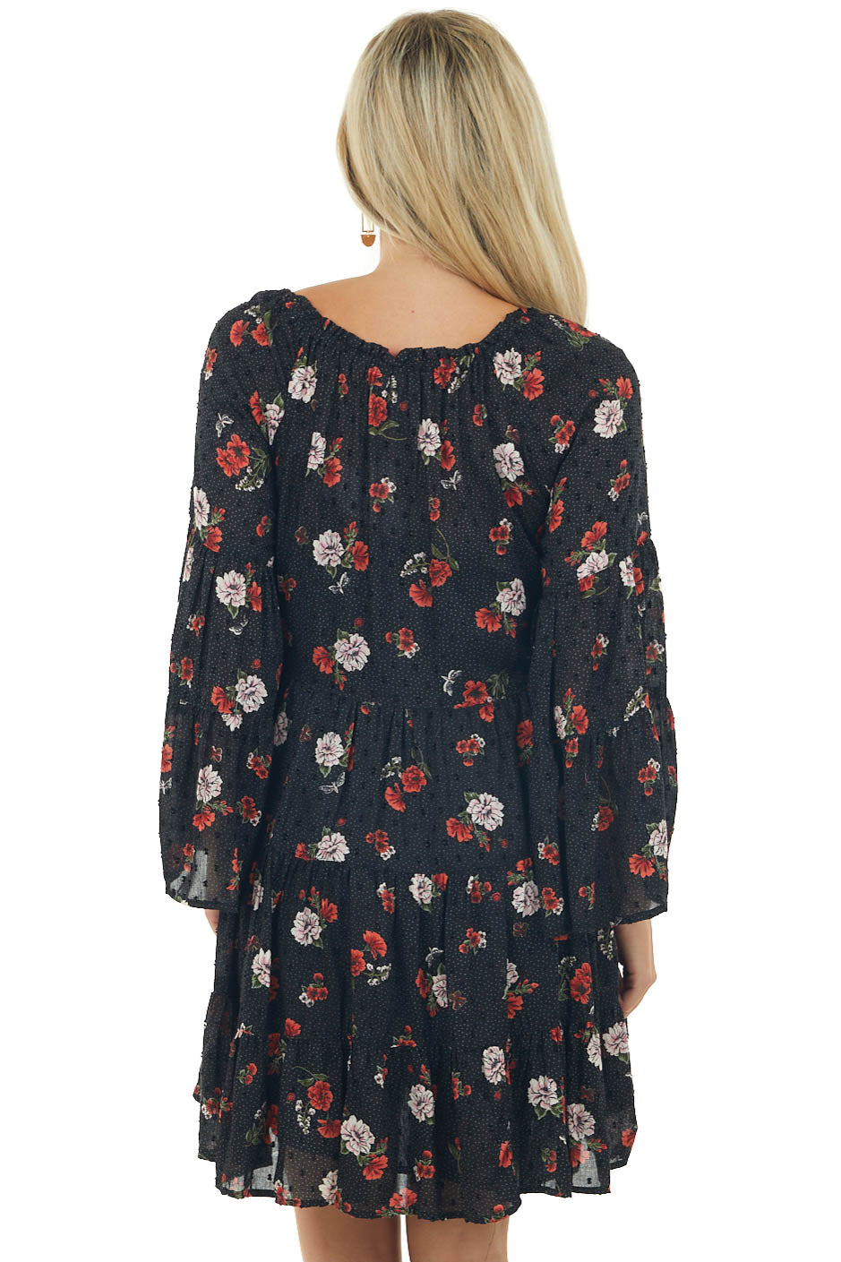 Black Floral Swiss Dot Bell Sleeve Button Dress