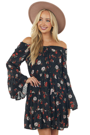 Black Floral Swiss Dot Bell Sleeve Button Dress