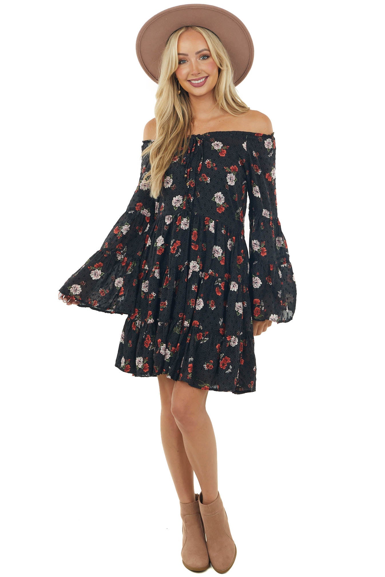 Black Floral Swiss Dot Bell Sleeve Button Dress