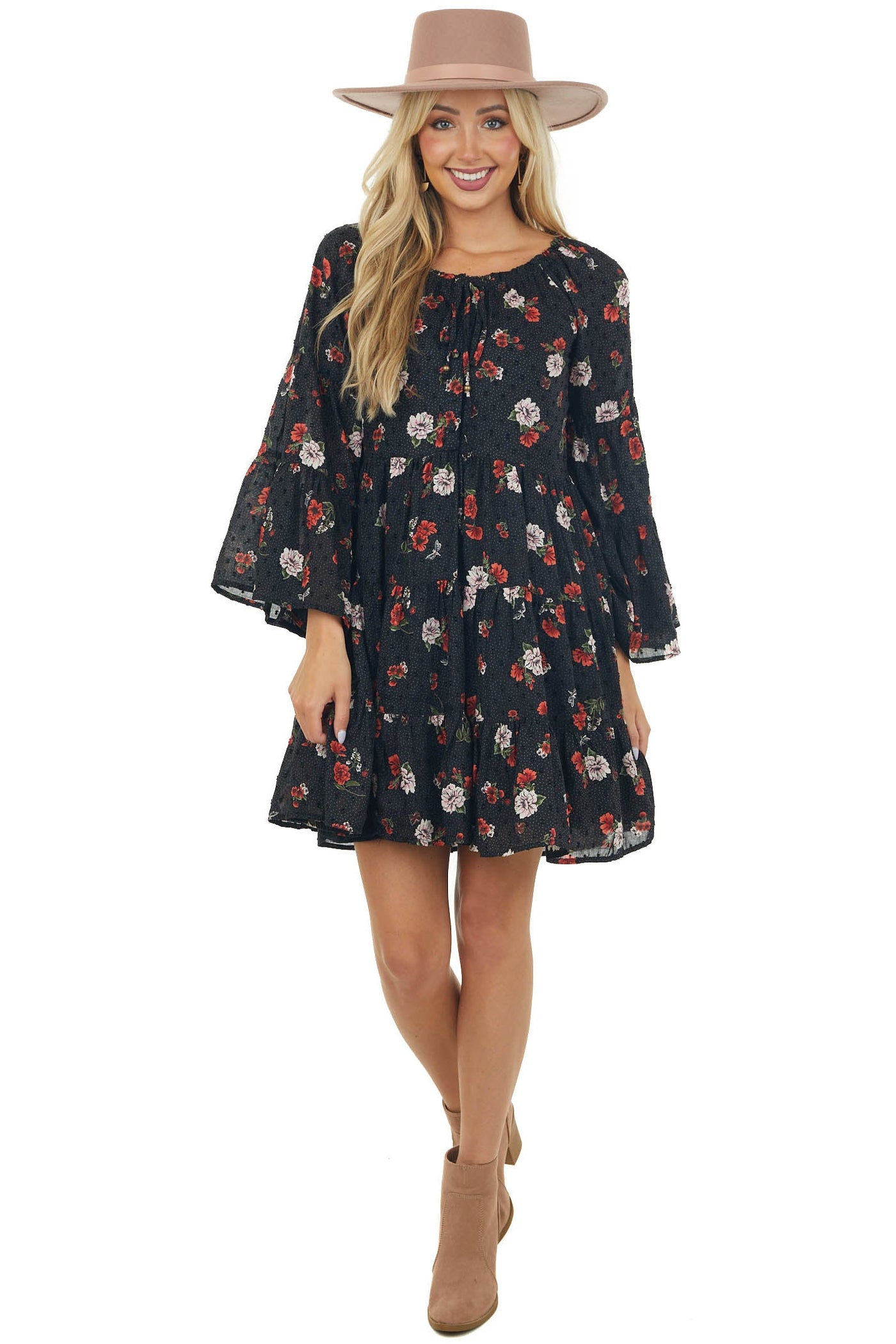 Black Floral Swiss Dot Bell Sleeve Button Dress