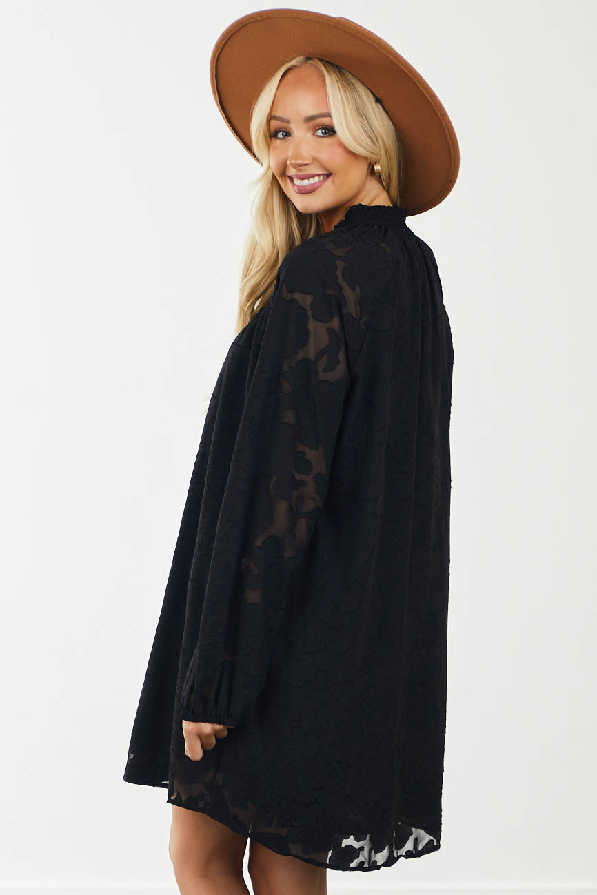 Black Floral Textured High Neck Short Dress