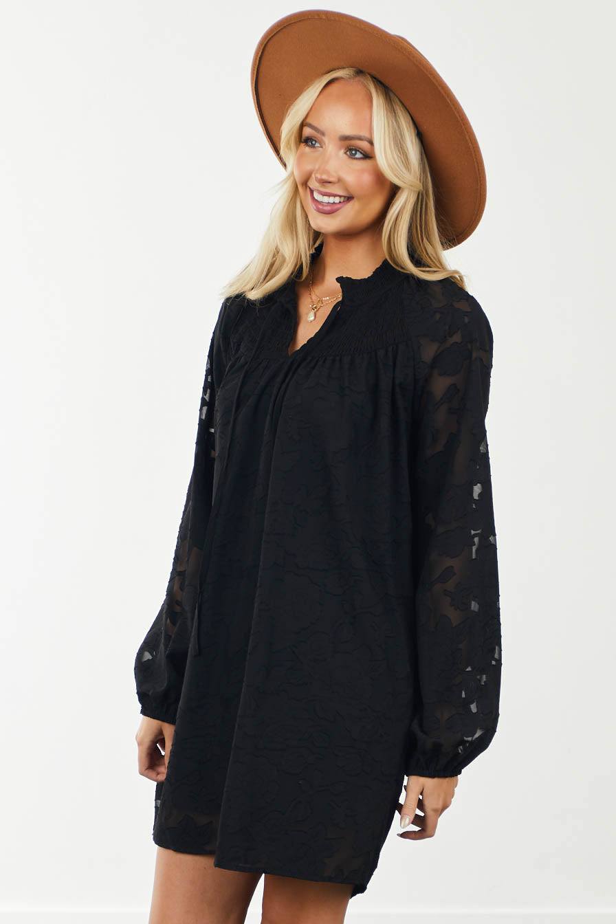 Black Floral Textured High Neck Short Dress