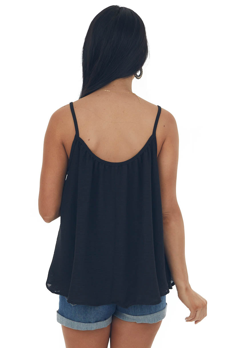 Black Flowy Tank Top with Gathered Neckline