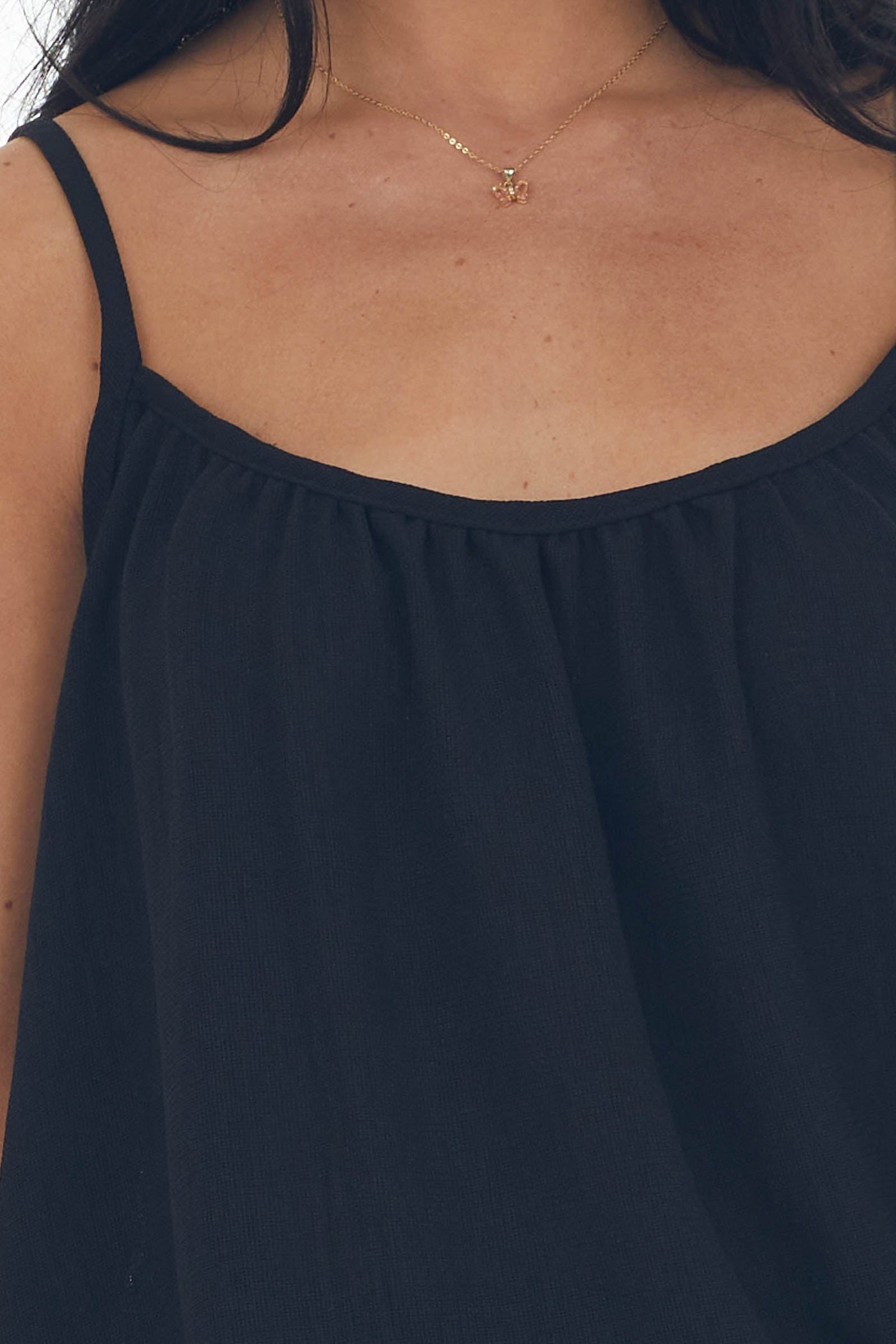 Black Flowy Tank Top with Gathered Neckline