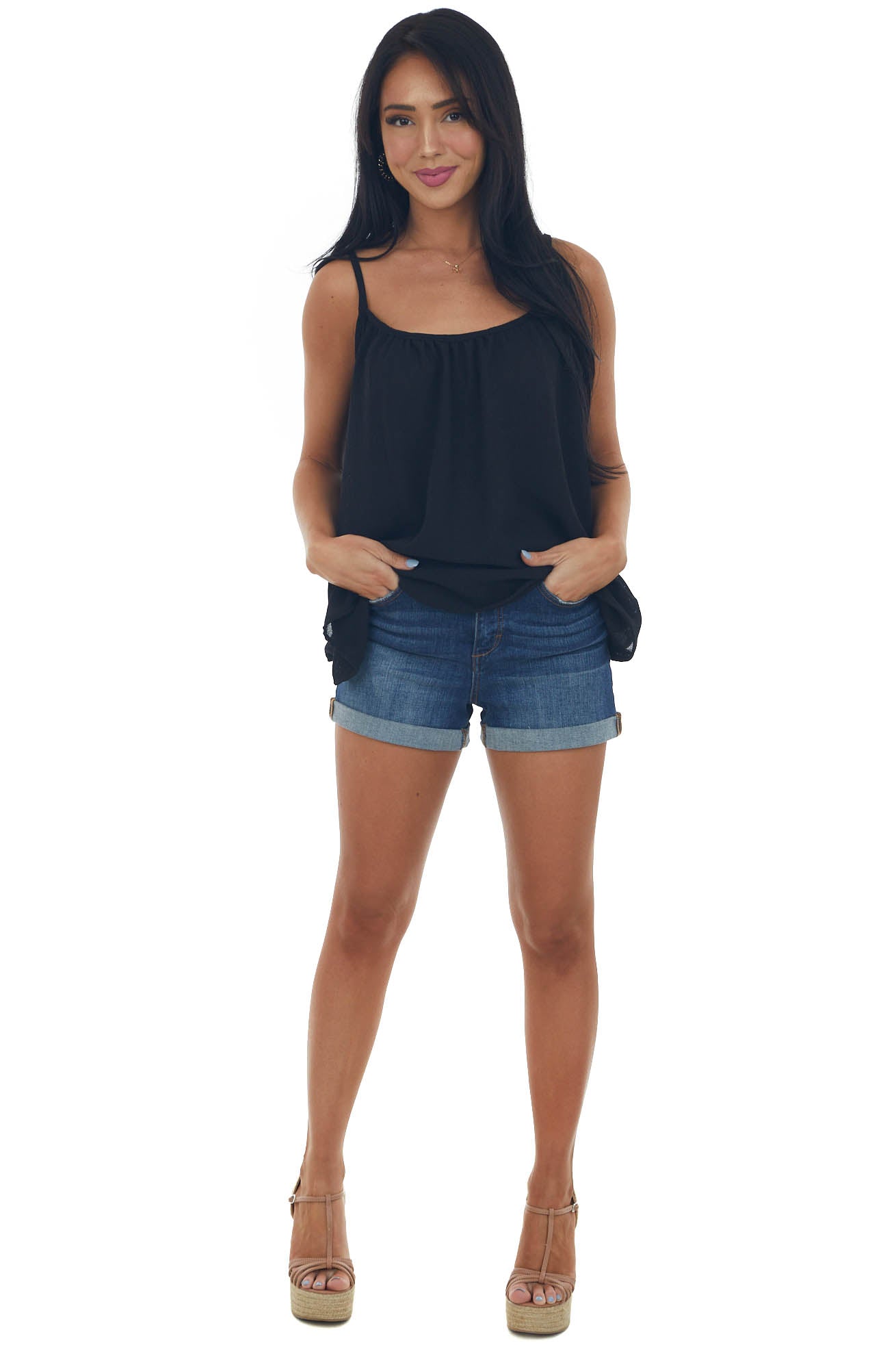 Black Flowy Tank Top with Gathered Neckline