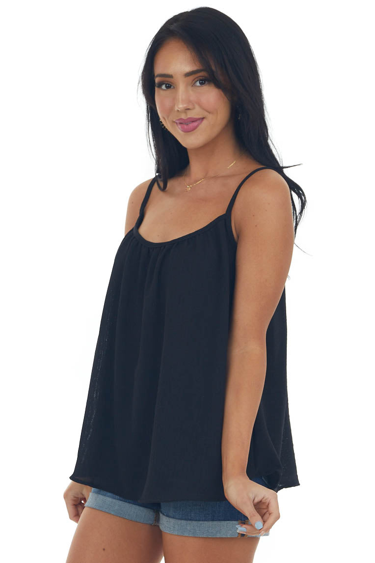 Black Flowy Tank Top with Gathered Neckline