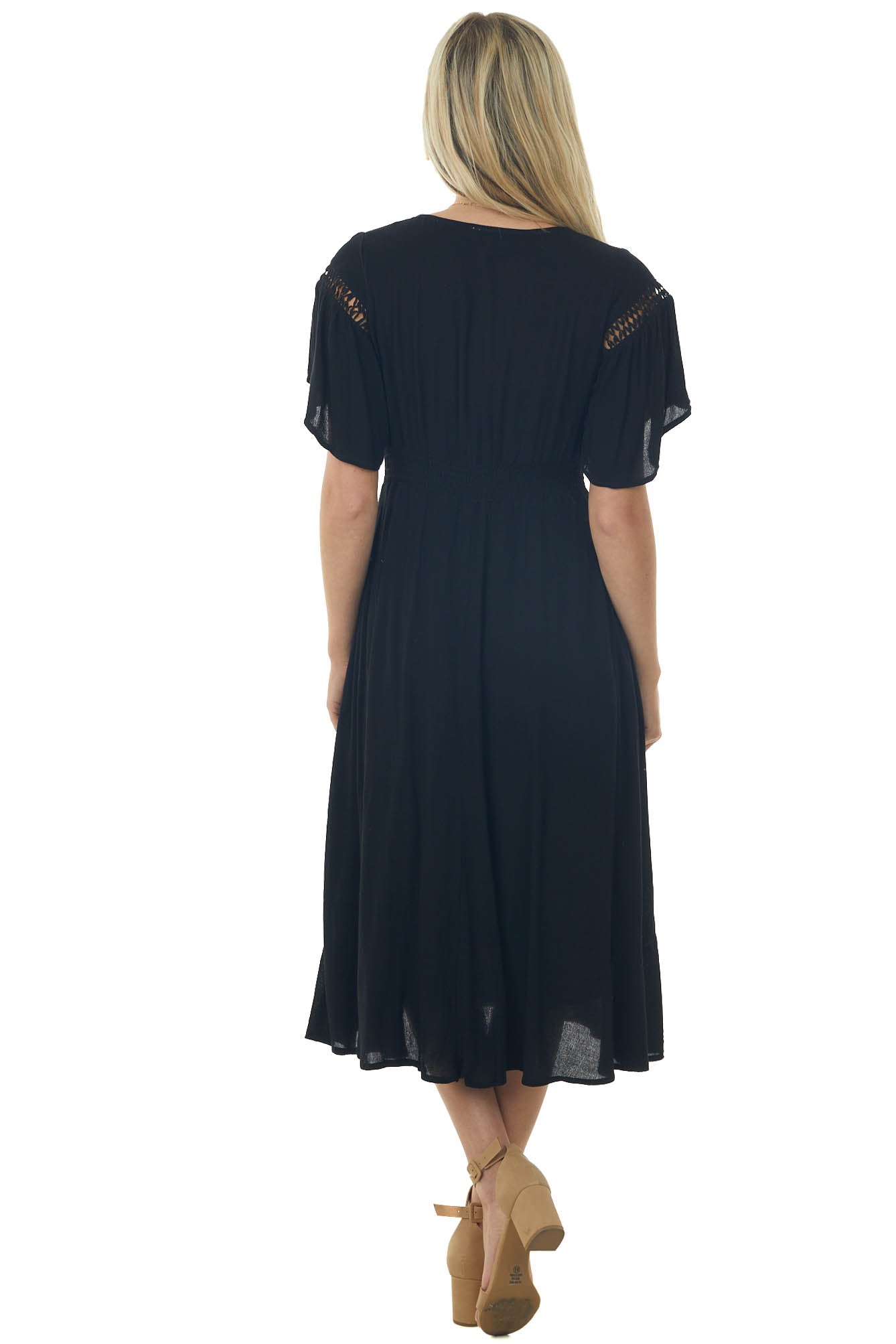 Black Flutter Sleeve Cut Out Lace Midi Dress