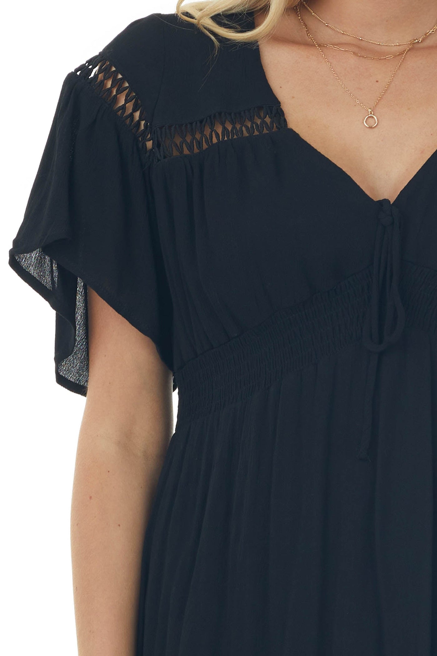 Black Flutter Sleeve Cut Out Lace Midi Dress