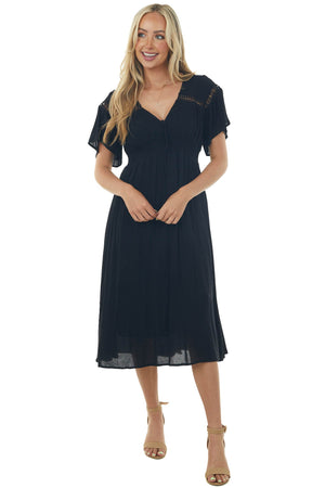 Black Flutter Sleeve Cut Out Lace Midi Dress