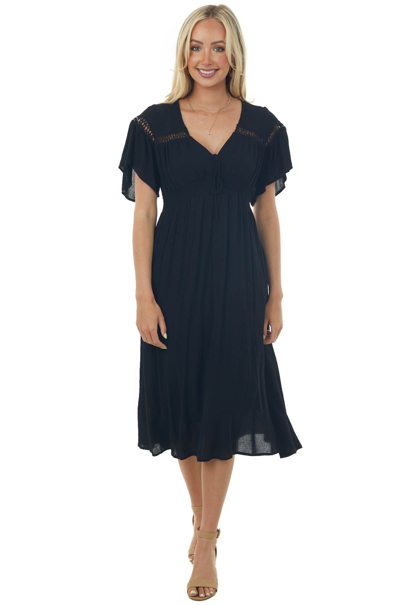 Black Flutter Sleeve Cut Out Lace Midi Dress