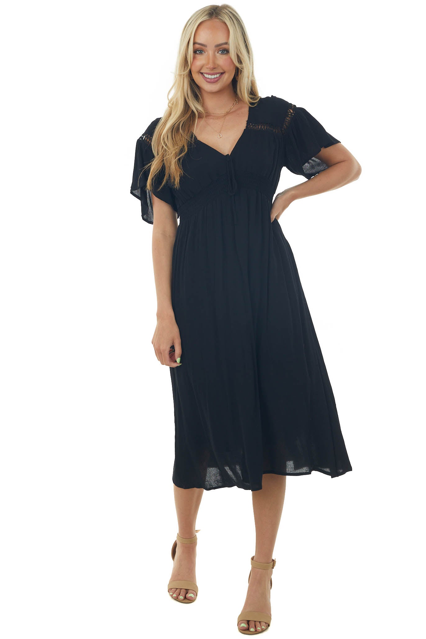 Black Flutter Sleeve Cut Out Lace Midi Dress