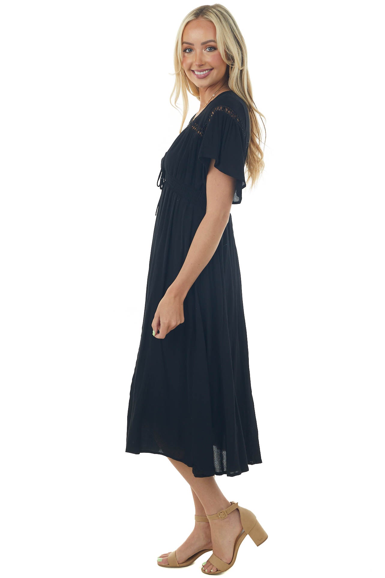 Black Flutter Sleeve Cut Out Lace Midi Dress