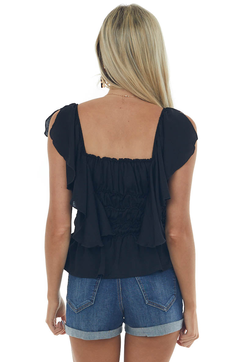 Black Flutter Sleeve Ruched Square Neck Blouse